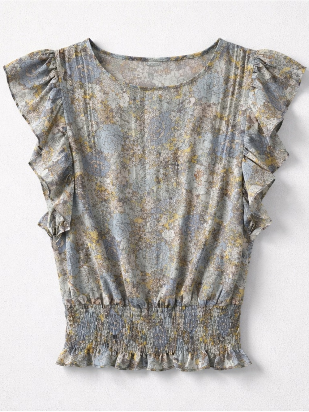 Pleione Ruffle Flutter Sleeve Floral Gold Metallic Blouse Sheer Smocked Fairy XS